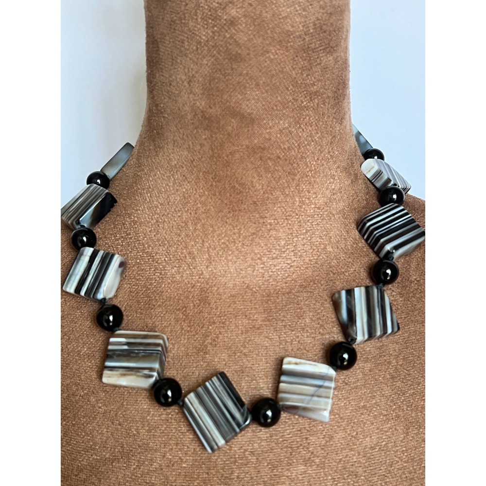 Striped Agate Onyx Square Bead Statement Necklace 19.75" Dark Academia